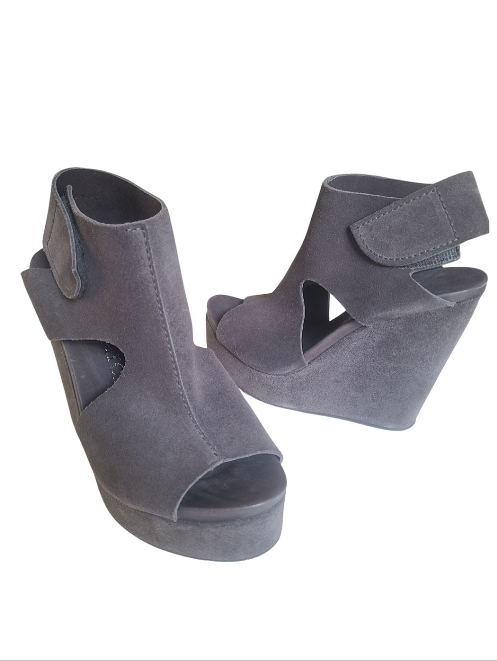 Pedro Garcia Grey Suede 'Terence' Slingback Velcro Platform Wedge Sandal 7.5